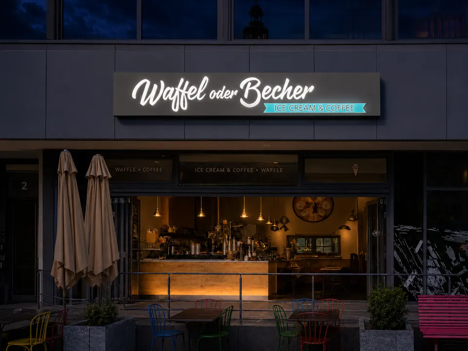 Nachtansicht der Werbeanlage Waffel oder Becher in Berlin